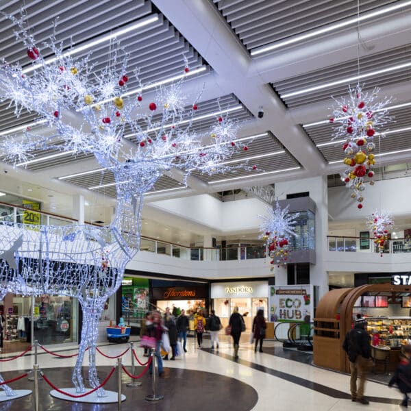 dolphin shopping centre christmas stag light sculpture and hanging christmas light motifs