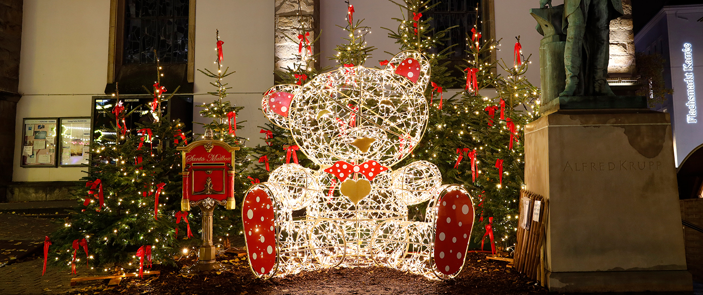 Christmas Teddy Bear Light Sculpture and Christmas trees