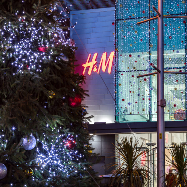 shopping centre giant christmas tree and cascade of drape curtain lights by MK Illumination