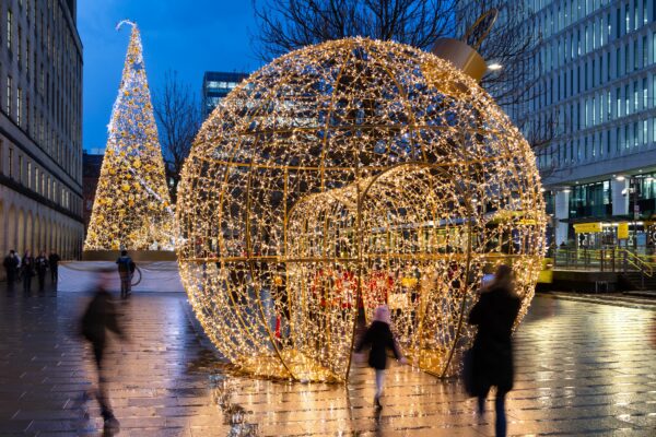 manchester christmas bauble and christmas tree light sculpture