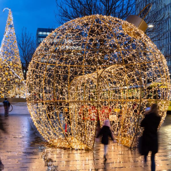 manchester christmas bauble and christmas tree light sculpture