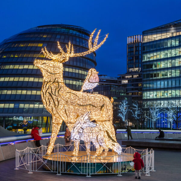 London Bridge Stag fox and robin christmas light sculpture