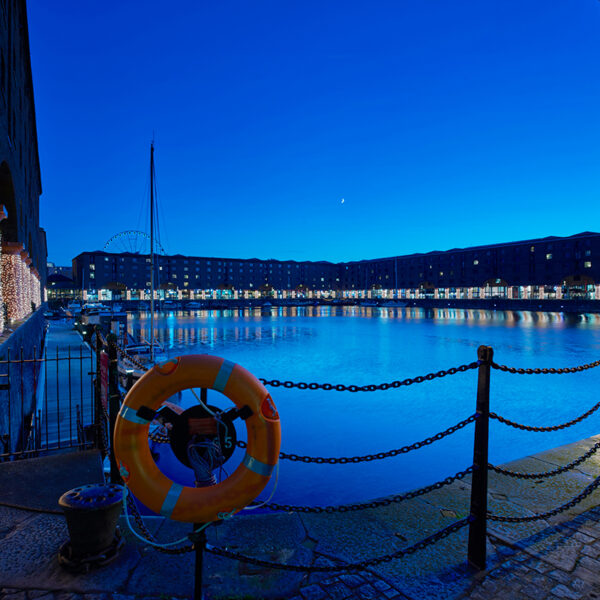 Royal Albert Dock column wrapped in lights