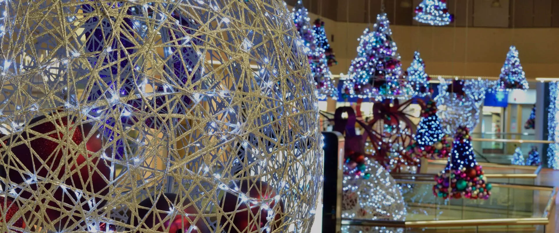 christmas light bauble and lit christmas trees