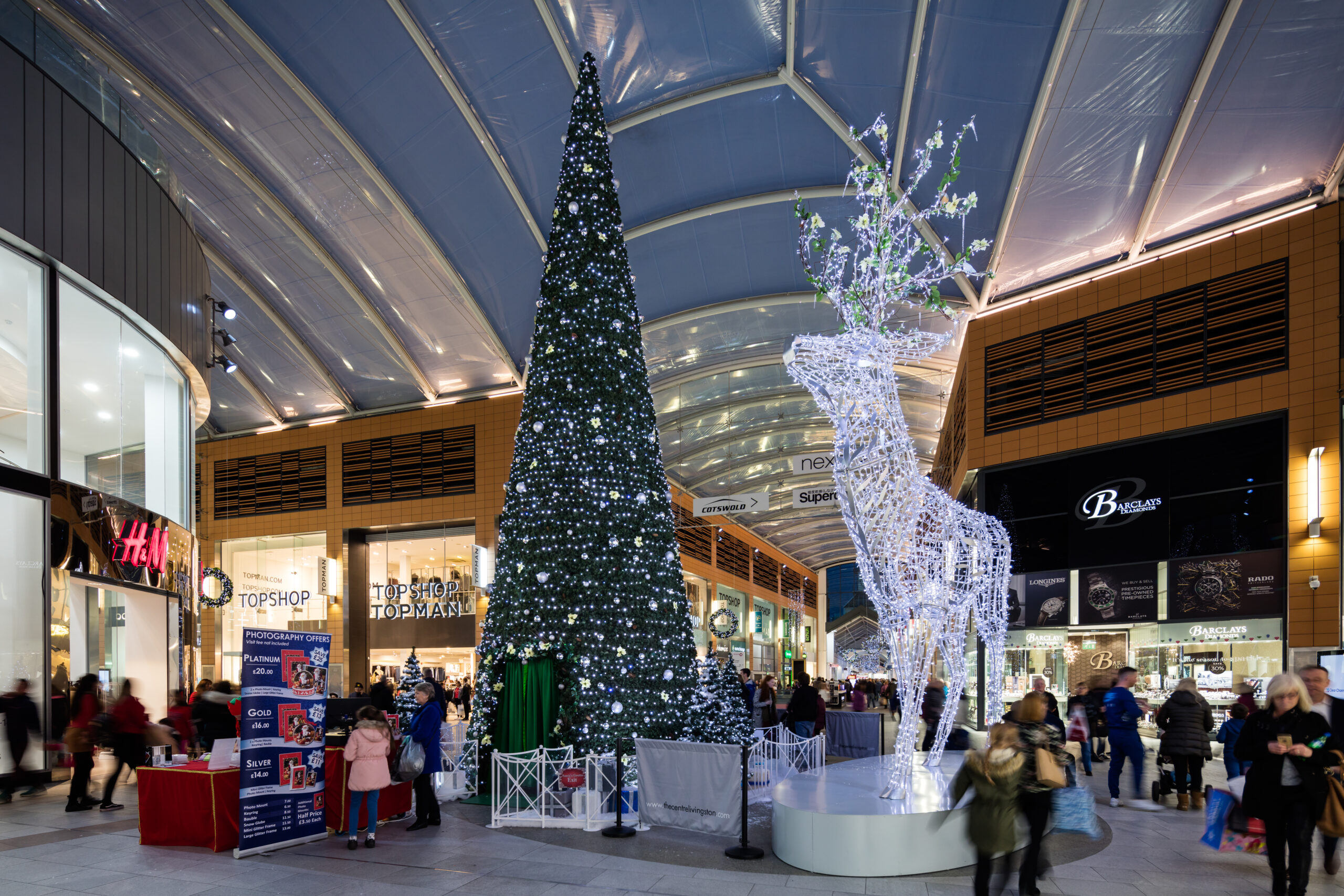 giant stag sculpture and christmas tree at the livingston shopping centre