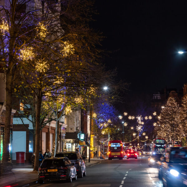 outdoor christmas lighting in London. wrapped trees across street light motifs
