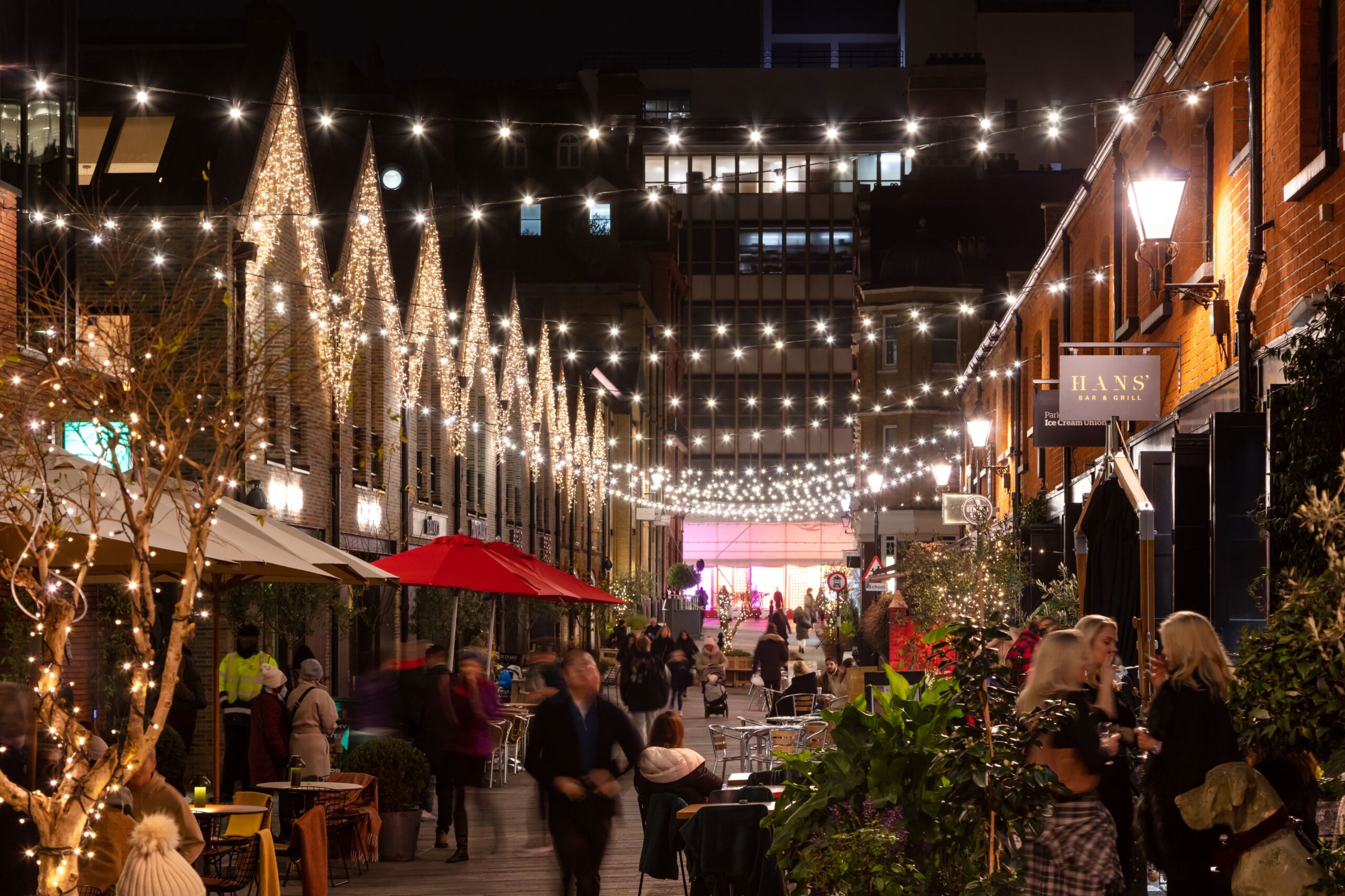 outdoor commercial festoon, drape and string lights