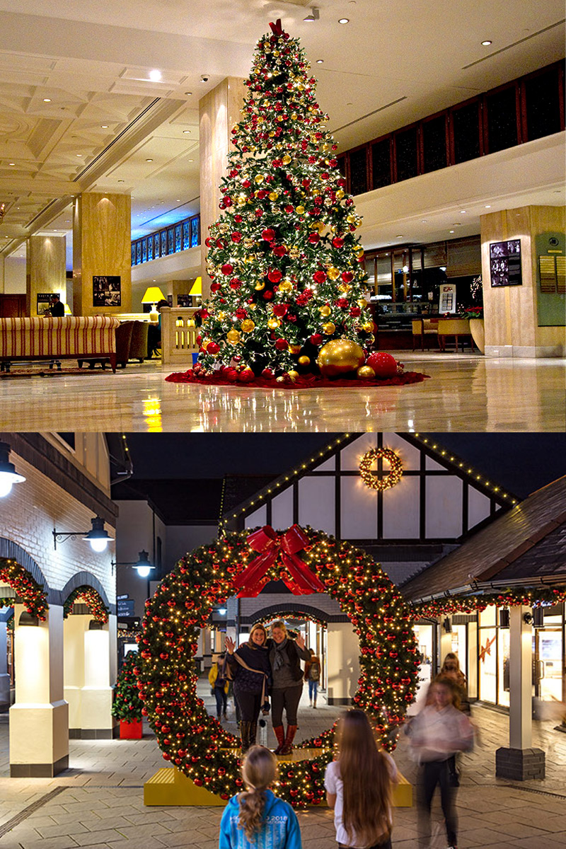 commercial christmas tree in hotel and christmas wreath in retail shops