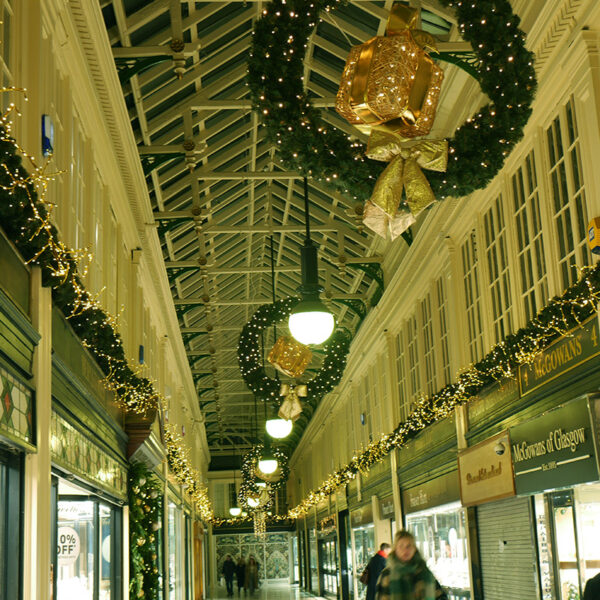 Christmas Garlands and Wreaths decorating the arcade