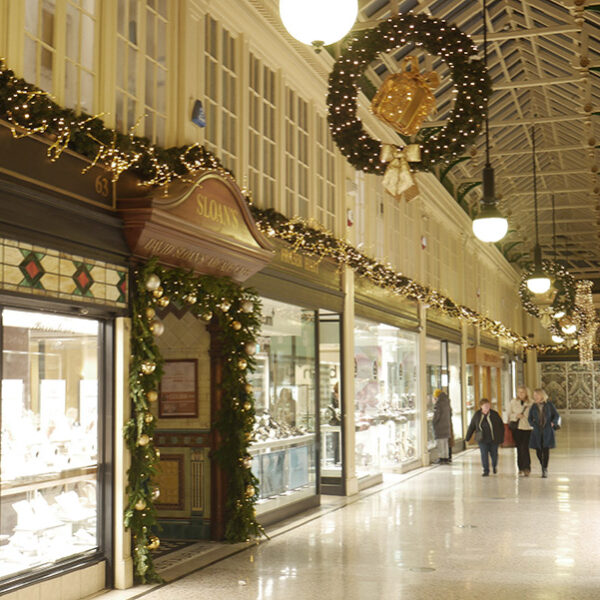 Christmas Garlands and Wreaths decorating the arcade
