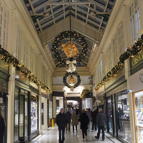 Christmas Garlands and Wreaths decorating the arcade