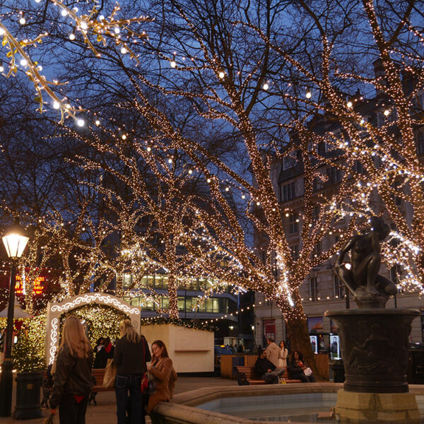 Trees lit with string light and festoon lights in Sloane Square