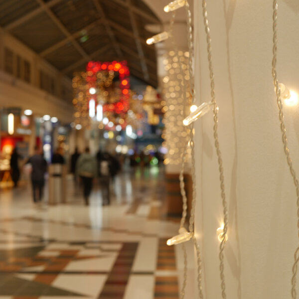 Close up of drape lights in shopping centre