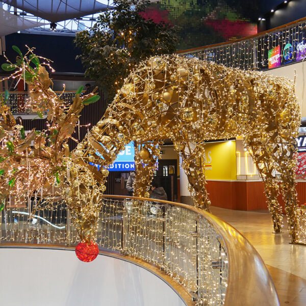 giant red nose reindeer light sculpture