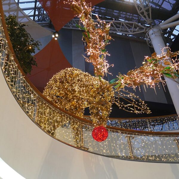 giant red nose reindeer light sculpture