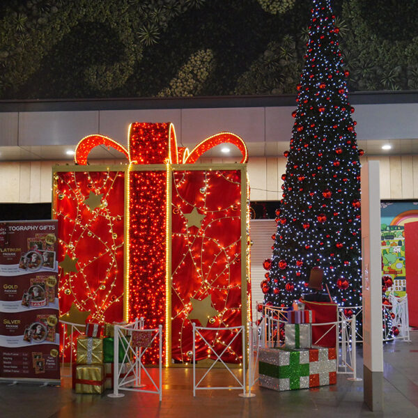 Christmas Tree and Walkthrough lit present in shopping centre