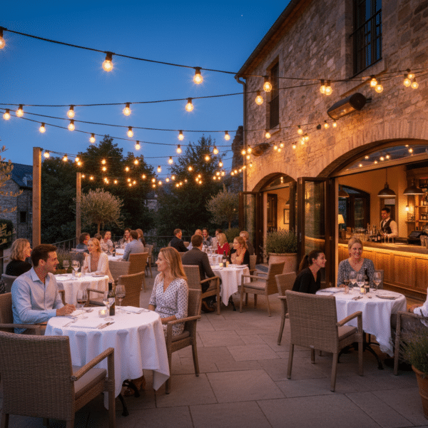 Festoon Lighting from MK Illumination in outdoor courtyard