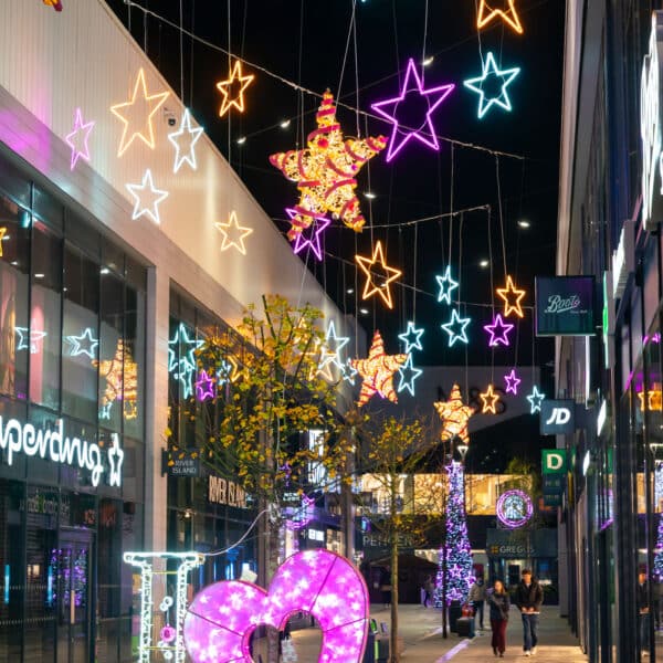 Riverside Rochdale Christmas Lights starts and heart motif